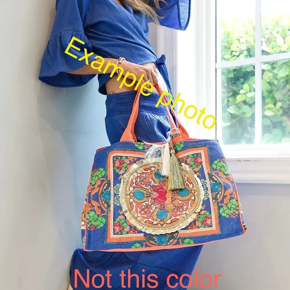 100% Cotton Bohemian Boho Signature Tote Bag in Aqua-Orange L - Picture 2 of 8